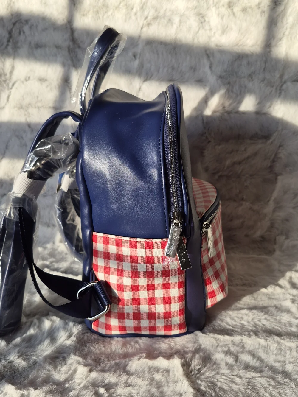 Danielle Nicole Navy Blue Backpack with Red Gingham Pocket